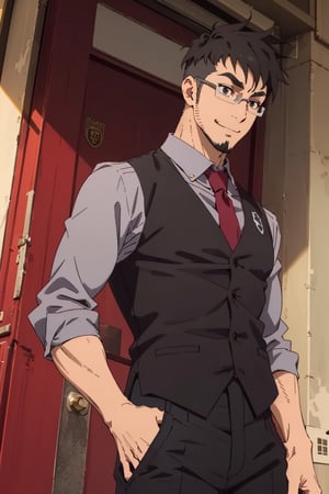 (1 image only), solo male, Jay Chiang, Great Pretender Razbliuto, Asian, Taiwanese, modern Taipei city, 2d, anime, flat, black hair, short hair, high fade, goatee, thick eyebrows, brown eyes, silver glasses, (pure red collared shirt, red sleeves rolled up), silver necktie, black vest,pants, socks, leather shoes, smile, mature, handsome, charming, alluring, standing, upper body, perfect anatomy, perfect proportions, (best quality, masterpiece), (perfect eyes:1.2), perfect hands, high_resolution, dutch angle, cowboy shot