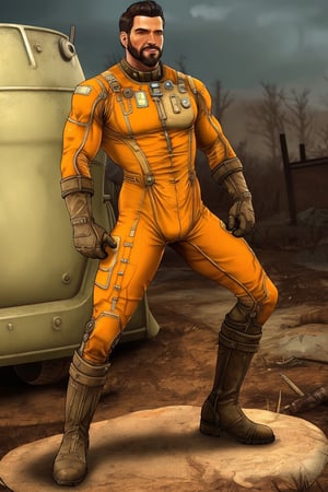 solo male, realistic, Paladin Danse, Fallout 4, short hair, warm black hair, light brown eyes, beard, orange-gray Brotherhood of Steel uniform, orange bodysuit, gloves, boots, mature, handsome, charming, allurin, ((perfect anatomy, perfect proportions)), best quality, masterpiece, high_resolution, dutch angle, photo background