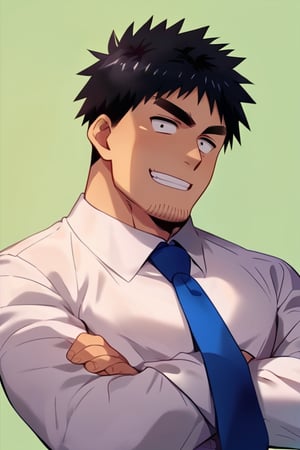 score_9, score_8_up, score_7_up, score_6_up, perfect anatomy, perfect proportions, best quality, masterpiece, high_resolution, high quality, solo male, Harumi Takeda , takeda harumi \(shiromanta\), black hair, short hair, facial hair, stubble, black eyes, thick eyebrows, sanpaku, constricted pupils, (white collared shirt), blue necktie, black pants, adult, mature, masculine, manly, handsome, charming, alluring, standing, calm, friendly, grin, smile, (upper body, crossed arms), dutch angle, cowboy shot, simple background
