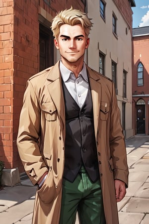 solo male, Reiner Braun, blond hair, short hair, facial hair, stubble, hazel eyes, thin eyebows, (masculine, mature), (pure white collared shirt:1.3), light-brown trench coat, (long coat, open coat:1.2), military dark green pants, black combat boots, handsome, charming, alluring, standing, upper body, slight smile, mouth, perfect anatomy, perfect proportions, best quality, masterpiece, high_resolution, dutch angle, cowboy shot, photo background, score_9_up, historical europe ciry, brick walls