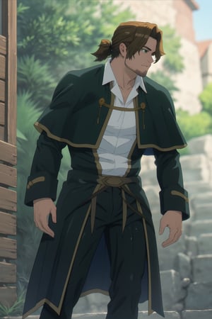 solo male, Sein \(Frieren: Beyond Journey's End\), priest, brown hair, low ponytail, parted bangs, thin hair, stubble, green eyes, white collared shirt, (shirt white hems, untucked shirt:1.3), dark coat with a golden accent, dark capelet, dark sleeves, black pants, black footwear. open coat, mature, handsome, charming, alluring, standing, upper body, perfect anatomy, perfect proportions, best quality, masterpiece, high_resolution, dutch angle, cowboy shot, photo background, old city