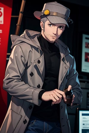 (1 image only), solo male, Munehisa Iwai,  Persona, Asian ,Japanese, Weapons Dealer, grey hair, short hair, stubble, grey eyes, sideburns, gray pin-striped hat, [yellow ear defenders], black turtleneck sweater, long gray coat, open coat, coat hood down, simple blue jeans, black leather boots, mature, handsome, charming, alluring, upper body, perfect anatomy, perfect proportions, (best quality, masterpiece), (perfect eyes), high_resolution, dutch angle, cowboy shot  ,Munehisa Iwai