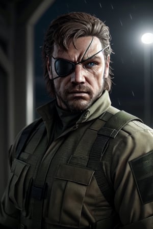 (1 image only), solo male, 1boy, Big Boss, Metal Gear Solid, bslue eyes, brown hair, facial hair, (pure black eyepatch, single eyepatch), (grey wide head band), (exposed hair:1.3), clothing, handsome, mature, charming, alluring, portrait, upper body in frame, perfect anatomy, perfect proportions, 8k, HQ, (best quality:1.2, hyperrealistic:1.2, photorealistic:1.2, masterpiece:1.3, madly detailed photo:1.2), (hyper-realistic lifelike texture:1.2, realistic eyes:1.2), high_resolution, perfect eye pupil, dutch angle, dynamic, action, raining, night, (military base)