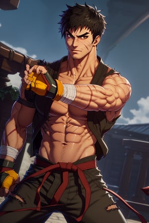 solo male, Grappler, Dungeon Fighter Online, black hair, short hair, brown eyes, thick eyebrows, forked eyebrows, stubble, green eyes, scars on face, scar on cheek, scar on chest, pectorals, pectoral cleavage, rn black dougi, black martial arts pants, red martial arts belt, yellow fingerless gloves, barefoot, bandaged hand, toned male, mature, handsome, charming, alluring, erotic, (blush, shy, clothes down, undressing), upper body, perfect anatomy, perfect proportions, ((perfect eyes, perfect, parfect fingers)), best quality, masterpiece, high_resolution, dutch angle, photo background