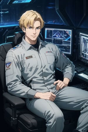 solo male, Lewis Smith \(Brave Bang Bravern\), ((blond hair)), short hair, blue eyes, (((grey pilot jumpsuit, gray pilot  jumpsuit, grey sleeves))), black boots, mature, handsome, grin, charming, alluring, muscular, beefy, sitting on operator's seat, inside mecha cockpit, throttle, joystick, upper body, perfect anatomy, perfect proportions, best quality, masterpiece, high_resolution, dutch angle, photo background, science fiction, mecha, multiple monitors, cinematic, motion