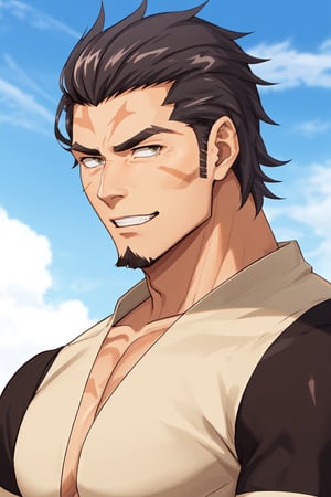 (1 image only), solo male, Kaburagi, Deca Dence, greying black hair, slicked back hair, thick eyebrows, sideburns, goatee, green eyes, scar, tucked-in wide necked short-sleeved pure white shirt, sleeves tucked up and buttoned, short sleeves, olive wide worker pants, black belt tied, brown boots. simpple leather bracelet, toned male, mature, handsome, charming, alluring, grin, (portrait, close-up), perfect anatomy, perfect proportions, best quality, masterpiece, high_resolution, dutch angle, outdoors, day, blue sky, science fiction, citadel on sky, photo background, bare neck,