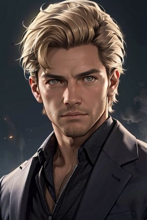 Felix Richter, blond hair, stubble,  (light brown eyes, normal size eyes), handsome, charming, alluring, debonair, (standing), (upper body in frame), simple background, black background, fog, dark atmosphere, perfect light, perfect anatomy, perfect proportions, perfect perspective, 8k, HQ, (best quality:1.5, hyperrealistic:1.5, photorealistic:1.4, madly detailed CG unity 8k wallpaper:1.5, masterpiece:1.3, madly detailed photo:1.2), (hyper-realistic lifelike texture:1.4, realistic eyes:1.2), picture-perfect face, perfect eye pupil, detailed eyes, realistic, HD, UHD, (front view:1.2), portrait, face focus, looking outside frame, (MkmCut)