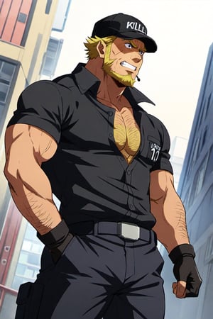 score_9, score_8_up, score_7_up, score_6_up, perfect anatomy, perfect proportions, best quality, masterpiece, high_resolution, high quality, best aesthetic, incredibly absurdres, highres, extremely detailed, huge filesize, mature, masculine, manly, virile, handsome, charming, alluring, bara, male focus, solo male, cowboy shot, dutch angle, source_anime \(Cells at Work! CODE BLACK\), anime coloring \Cells at Work! CODE BLACK\), Killer T Cell \(Cells at Work! CODE BLACK\), CaWBlKillerTCell, blond hair, black eyes, sanpaku, long sideburns, facial hair, chinstrap beard, jawline beard, scar on face, scar on cheek,  (old man, wrinkle, rugged, brute face:1.4), CaWBKillerTCell_outfit, black cap, Killer T Cell cap \(Cells at Work\), black earpiece, Killer T Cell uniform \(Cells at Work\), black shirt, partially unbuttoned shirt, chest hair, short sleeves, black fingerless gloves, (black long pants, black pants:1.3), grin, from below, Cells at Work city background, outdoors