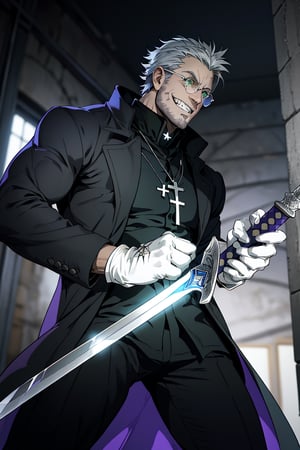 solo male, Alexander Anderson, Hellsing, Catholic priest, short silver-blond hair, green eyes, tanned skin, defined squared jaw, light facial hair, wedge-shaped scar on left cheek, round glasses, black clerical collar shirt with blue trim, black trousers, black boot, (open purple-ish grey coat:1.2), open coat, white gloves, silver cross necklace, (single silver cross), mature, middle-aged, imposing, tall, handsome, charming, alluring, evil grin, upper body, perfect anatomy, perfect proportions, best quality, masterpiece, high_resolution, dutch angle, cowboy shot, photo background, Vatican City, indoor, fighting stance, (dual wielding, holding swords, 2swords)
