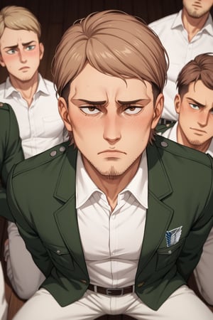 Gay man,  score_9,score_8_up,score_7_up, male receiver Jean Kirstein, brown hair, light-brown eyes, thin eyebrows, facial hair, stubble, white collared shirt, green-overcoat, long-coat, white pants, black combat boot, perfect anatomy, kneeling, blush, awkward, innocent face, look up, BREAK (pov, view from above), (surrounded by many men, surrounded by multiple male lower body in pants:1.5), (covered crotch),JeanKirstein