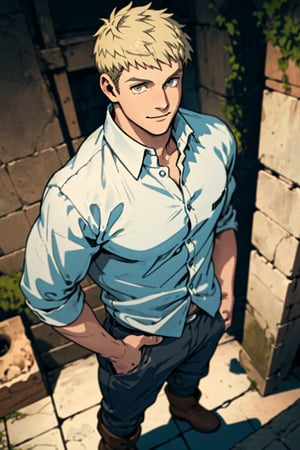(1 image only), solo male, 1boy, Laios Touden, Delicious in Dungeon, knight, blond hair, short hair, light gold eyes, average height,  (white shirt, pants, simple brown boots), slight smile, handsome, charming, alluring, standing, upper body in frame, perfect anatomy, perfect proportions, 2d, anime, (best quality, masterpiece), (perfect eyes, perfect eye pupil), high_resolution, dutch angle, dungeon location, (Hands:1.1), better_hands