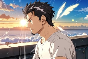 score_9, score_8_up, score_7_up, score_6_up, perfect anatomy, perfect proportions, best quality, masterpiece, high_resolution, high quality, aesthetic, absurdres, solo male, Kaburagi, black hair, grey hair streak, multicolored hair, hair slicked back, facial hair, goatee, green eyes, sanpaku, constricted pupils, eyebrow slit, scar, white shirt, wide necked shirt, short-sleeved shirt, sleeves tucked up and buttoned,(close up, headshot), mature, handsome, charming, alluring, masculine, serious, intense eyes, v-shaped eyebrows, mad, passionate, bruise, look outside, leaning forward, (eyes focus, cropped, dutch angel), blue sky, day, cloud, science fiction, cinematic, cinematic still, emotional, harmonious, bokeh, cinemascope, moody, epic, gorgeous, emphasis lines, motion lines, motion blur, lens flare