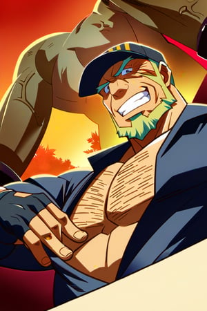 score_9, score_8_up, score_7_up, score_6_up, perfect anatomy, perfect proportions, best quality, masterpiece, high_resolution, high quality, best aesthetic, incredibly absurdres, highres, extremely detailed, huge filesize, mature, masculine, manly, virile, handsome, charming, alluring, bara, male focus, solo male, cowboy shot, dutch angle, source_anime \(Cells at Work! CODE BLACK\), anime coloring \Cells at Work! CODE BLACK\), Killer T Cell \(Cells at Work! CODE BLACK\), CaWBlKillerTCell, blond hair, black eyes, sanpaku, long sideburns, facial hair, chinstrap beard, jawline beard, scar on face, scar on cheek,  (old man, wrinkle, rugged, brute face:1.4), CaWBKillerTCell_outfit, black cap, Killer T Cell cap \(Cells at Work\), black earpiece, Killer T Cell uniform \(Cells at Work\), black shirt, partially unbuttoned shirt, chest hair, short sleeves, black fingerless gloves, (black long pants), grin, from below, Cells at Work city background, outdoors