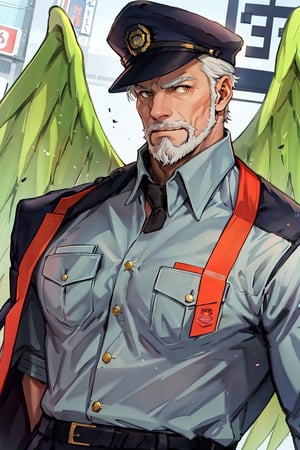 (1 image only), solo male, bara, Hogen, Tokyo Afterschool Summoners, Asain, Japanese, Tengu, old man, white hair, short hair, gold eyes, thick eyebrows, white facial hair, white beard, Japanese police uniform, Japanese police hat, pure aqua-color collared shirt, pure aqua-color sleeves, (black jacket on shoulders), mature, handsome, charming, alluring, standing, upper body in frame, perfect anatomy, perfect proportions, 2D, anime, (best quality, masterpiece), (perfect eyes, perfect eye pupil), high_resolution, dutch angle, (Tokyo city street), better_hands, green wings,best quality