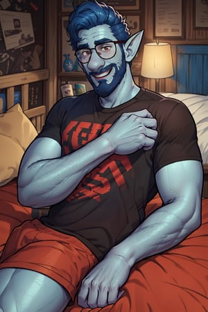 (1 image only), solo male, Wilden Lightfoot, Pixar Animation Onward, blue skin, dark blue hair, short hair, brown eyes, thick eyebrows, pointy ears, facial hair, beard, black-framed-glasses, (red t-shirt:1.2), khaki shorts, mature, bara, dilf, handsome, charming, alluring, smile, lying on bed, on back perfect anatomy, perfect proportions, (best quality, masterpiece), (perfect eyes, perfect eye pupil), perfect hands, high_resolution