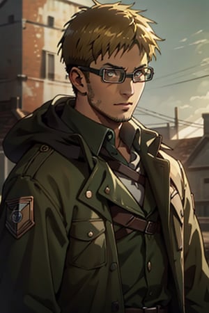 Abel, Attack on Titan, Shingeki no Kyojin, Scout Regiment, uniform of the Scout Regiment, green cloak, goggles, thick-rimmed glasses with bands around head, 1boy, solo, male, man, mature, handsome, manly, blond_hair, short hair, light stubble on chin and cheekbones, intense gaze, gentle expression, soft expression, masculine, handsome, charming, alluring, rugged, black trench coat, black pants, grey vest, dark red cravat, (standing), (upper body in frame), simple background, dark atmosphere, perfect light, perfect anatomy, perfect proportions, perfect perspective, 8k, HQ, (best quality:1.5, hyperrealistic:1.5, photorealistic:1.4, madly detailed CG unity 8k wallpaper:1.5, masterpiece:1.3, madly detailed photo:1.2), (hyper-realistic lifelike texture:1.4, realistic eyes:1.2), picture-perfect face, perfect eye pupil, detailed eyes, realistic, HD, UHD, (front view:1.2), portrait, looking outside frame,perfecteyes,(MkmCut),AttackonTitan