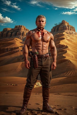 1boy, solo, Revolver Ocelot, 40 years old, grey eyes, white hair, stubble, (complete topless, shirtless:1.4), dark brown canvas pants, knee-high cowboy boots with spurs, red gloves, handsome, mature, masculine, virile, confidence, charming, alluring, upper body in frame, (Afghanistan desert:1.3), sky, perfect anatomy, perfect proportions, 8k, HQ, (best quality:1.5, hyperrealistic:1.5, photorealistic:1.4, madly detailed CG unity 8k wallpaper:1.5, masterpiece:1.3, madly detailed photo:1.2), (hyper-realistic lifelike texture:1.4, realistic eyes:1.2), high_resolution, picture-perfect face, perfect eye pupil, detailed eyes, perfecteyes, dutch angle 