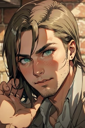 couple, ((2people)), first man giver(Eren Jaeger, ,erenad, black hair, long hair, long straight hair, hair down, stubble, grey-green eyes:1.3), second mature man receiver(reiner braun, blond hair, short hair, stubble, hazel eyes:1.3), (uniform, pure white collared shirt, open brown trench coat:1.2), (different hair style, different hair color, different face, same height:1.4), makeout, eye contact, gay, homo, slight shy, charming, alluring, seductive, highly detailed face, detailed eyes, perfect light, (simple background,  1930s military red brick basement, spacious room), retro, oil lamp light outside frame, (best quality), (8k), (masterpiece), best quality, 1 image, manly, perfect anatomy, perfect proportions, perfect perspective 