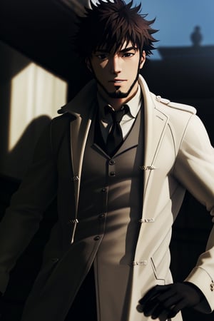 solo male, Genma Shizume, Asian, Japanese, black hair, chinstrap beard, sideburns, black eyes, calm eyes, slitty eyes, intense gaze, (dress in layers:1.3), white collared shirt, black necktie, (black suit jacket:1.2), (light brown trench coat, open trench coat:1.2), black pants, black gloves, mature, masculine, handsome, charming, allurin, grin, smile, upper body, perfect anatomy, perfect proportions, (best quality, masterpiece, high_resolution:1.3), (perfect eyes, perfecteyes:1.3)