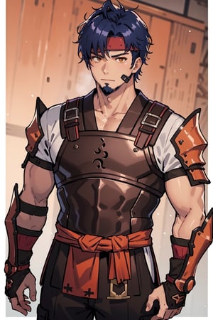 solo male, Kibito Araka, Kabaneri of the Iron Fortress, short hair, dark blue hair, brown-golden eyes, goatee, muscular build, tall, samurai armor, white Juban \(kimono\)
, (orange Haidate \(armored Skirt\)), orange plated cuirass, red waistband, padded sleeves, khaki pants, brown gauntlet, fingerless gauntlet, purple armored faceplate, black puttee, sandals, mature, handsome, charming, alluring, standing, upper body, perfect anatomy, perfect proportions, best quality, masterpiece, high_resolution, dutch angle, cowboy shot, photo background,1boy