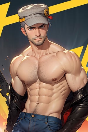 (1 image only), solo male, Munehisa Iwai,  Persona, Asian ,Japanese, Weapons Dealer, grey hair, short hair, stubble, grey eyes, sideburns, gray pin-striped hat with yellow ear defenders, complete topless, shirtless, open fly, simple blue jeans, black leather boots, mature, handsome, charming, alluring, upper body, perfect anatomy, perfect proportions, (best quality, masterpiece), (perfect eyes), high_resolution, dutch angle, cowboy shot  ,Munehisa Iwai