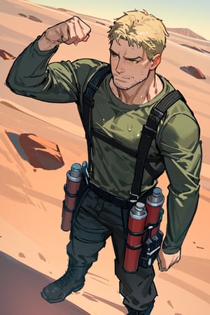 score_9, score_8_up, score_7_up, solo male, , Reiner Braun, blond hair, short hair, stubble, facial hair, hazel eyes, thin eyebrows, grey-green undershirt, long sleeves, wet shirt, long sleeves, black pants, three-dimensional maneuver gear, black combat boots, handsome, charming, alluring, full body, perfect anatomy, perfect proportions, best quality, masterpiece, high_resolution, dutch angle, cowboy shot, red rock desert background