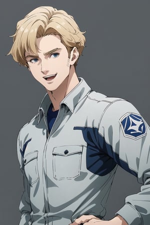 solo male, Lewis Smith \(Brave Bang Bravern\), blond hair, short hair, (blue eyes), (((grey pilot jumpsuit, gray pilot jumpsuit, grey sleeves)), (portrait, close-up, headshot), mature, handsome, charming, alluring, muscular, beefy, happy, smile, open mouth, looking at viewer, standing, upper body, perfect anatomy, perfect proportions, best quality, masterpiece, high_resolution, dutch angle, cowboy shot, simple background, 