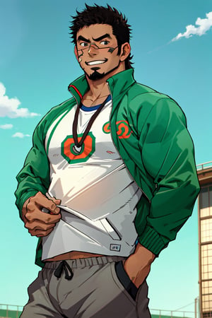 (1 image only), solo male, bara, Kyoichi Ootomo, Live A Hero, Asain, Japanese, athlete, PE teacher, short hair, black hair, streaked hair, sideburns, black eyes, facial hair, goatee, tan skin, bandaid on nose, white shirt, (green athletic jacket), grey shorts, sneakers, mature, handsome, charming, alluring, grin, standing, upper body, perfect anatomy, perfect proportions, 2D, anime, (best quality, masterpiece), (perfect eyes, perfect eye pupil), perfect hands, high_resolution, dutch angle