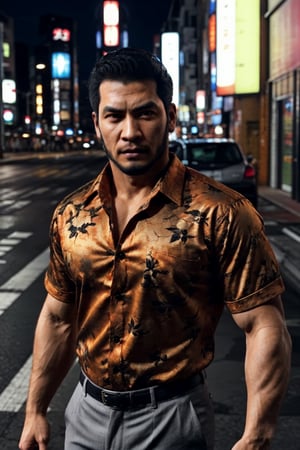 (1 image only), solo male, 1boy, Masaharu Kaito, Yakuza, 38 years old, Asian, Japanese, brown eyes, black hair, short hair, cropped black hair, chinstrap beard, small scar cuts through left eyebrow, handsome, tall and muscular build, orange and yellow and black floral silk button down shirt, light grey dress pants, black slip-on leather loafers, fit body, mature, manly, hunk, masculine, virile, confidence, charming, alluring, upper body in frame, night at Kabukicho Tokyo, perfect anatomy, perfect proportions, 8k, HQ, (best quality:1.5, hyperrealistic:1.5, photorealistic:1.4, madly detailed CG unity 8k wallpaper:1.5, masterpiece:1.3, madly detailed photo:1.2), (hyper-realistic lifelike texture:1.4, realistic eyes:1.2), high_resolution, picture-perfect face, perfect eye pupil, detailed eyes,  perfecteyes, perfecteyes, dutch angle