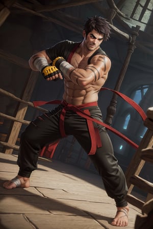 solo male, Grappler, Dungeon Fighter Online, black hair, short hair, brown eyes, thick eyebrows, forked eyebrows, stubble, green eyes, scars on face, scar on cheek, scar on chest, pectorals, pectoral cleavage, rn black dougi, black pants, red martial arts belt, yellow fingerless gloves, barefoot, bandaged hand, toned male, mature, handsome, charming, alluring, serious, fighting stance, upper body, perfect anatomy, perfect proportions, (perfect eyes), best quality, masterpiece, high_resolution, dutch angle, cowboy shot, photo background