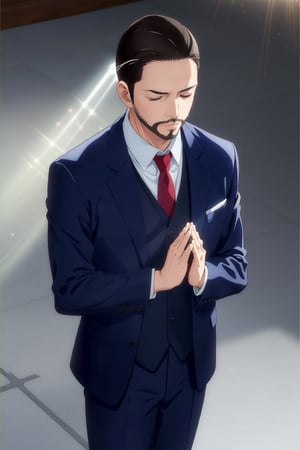 solo male, Maeda, Asobi Asobase, butler, black hair, short hair, black eyes, facial hair, dark blue 3 Piece Suit, formal, white collared shirt, red necktie, dark blue vest, dark blue jacket, dark blue pants, mature, handsome, charming, alluring, calm, polite, standing, upper body, perfect anatomy, perfect proportions, best quality, masterpiece, high_resolution, cowboy shot, (simple background), ((light rays, holy lights from above)), closed eyes, ((folding hands together, Añjali Mudrā hands gesture))
