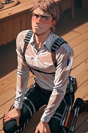 Gay man,  score_9,score_8_up,score_7_up, male receiver  Jean Kirstein, brown hair, light-brown eyes, thin eyebrows, facial hair, stubble, wet shirt, white collared shirt, long sleeves, dark pants, three-dimensional maneuver gear, straps, perfect anatomy, kneeling, blush, smirk, awkward, innocent face, look up, spread legs,masterpiece, hands on knee,JeanKirstein