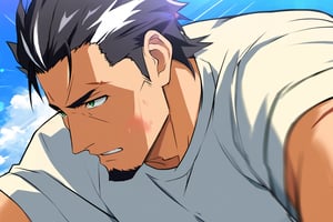 score_9, score_8_up, score_7_up, score_6_up, perfect anatomy, perfect proportions, best quality, masterpiece, high_resolution, high quality, aesthetic, absurdres, solo male, Kaburagi, black hair, grey hair streak, multicolored hair, hair slicked back, facial hair, goatee, green eyes, sanpaku, constricted pupils, eyebrow slit, scar, white shirt, wide necked shirt, short-sleeved shirt, sleeves tucked up and buttoned, mature, handsome, charming, alluring, masculine, serious, intense eyes, v-shaped eyebrows, mad, passionate, bruise, look outside, leaning forward, close up, headshot, from side, eyes focus, cropped, dutch angel, blue sky, day, cloud, science fiction, cinematic, cinematic still, emotional, harmonious, bokeh, cinemascope, moody, epic, gorgeous, lens flare, emphasis lines, motion lines, motion blur, outdoor