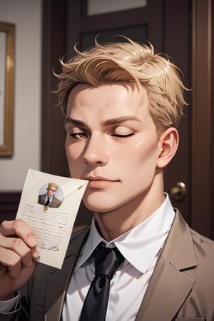 score_9, score_8_up, score_7_up, solo male, Reiner Braun, blond hair, short hair, flat hair, hazel eyes, thin eyebrows, tall, white collared shirt, black necktie, brown suit jacket, brown  pants, black shoes, handsome, charming, alluring, (portrait, close-up:1.2), upper body, perfect anatomy, perfect proportions, best quality, masterpiece, high_resolution, photo background, (perfect face, perfect eyes:1.3), holding a writing paper, sniffing a writing paper, ((enjoy face)), closed eyes, writing paper below nose, paper above mouth