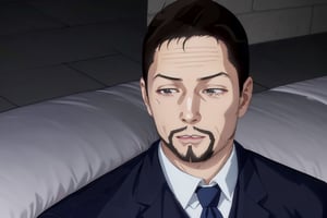 (solo male), Maeda, Asobi Asobase, butler, black hair, short hair, black eyes, facial hair, dark blue 3 Piece Suit, formal, white collared shirt, red necktie, long necktie, dark blue vest, dark blue jacket, dark blue pants, mature, handsome, charming, alluring, portrait, close-up, perfect anatomy, perfect proportions, best quality, masterpiece, high_resolution, ((IncrsLimmyWakingUpMeme, sleepy))