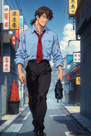 (1 image only), solo male, Ryoji Kaji, Neon Genesis Evangelion, Asian, Japanese, dark brown hair, bangs, short ponytail, dark brown eyes, (thin stubble), blue collared shirt, red sleeves rolled up, necktie, black pants, smile, (mature, masculine), handsome, charming, alluring, perfect anatomy, perfect proportions, (best quality, masterpiece), ((perfect eyes, perfect eye pupil)), perfect hands, high_resolution, dutch angle, standing, (clapping hands) (simple blue ocean background, simple blue sky, sunny), walking, future japanese street, (black jacket over shoulder), CyberpunkWorld