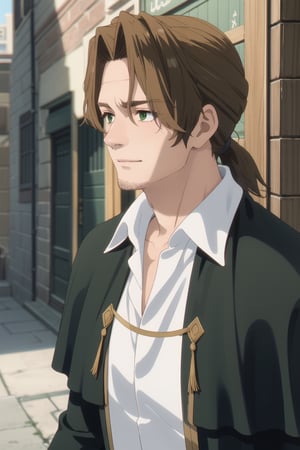 solo male, Sein \(Frieren: Beyond Journey's End\), priest, brown hair, low ponytail, parted bangs, thin hair, stubble, green eyes, white collared shirt, (shirt white hems, untucked shirt:1.3), (dark coat with a golden accent), dark capelet, dark sleeves, open coat, (portrait, close-up, headshot), slight smile, mature, handsome, charming, alluring, perfect anatomy, perfect proportions, best quality, masterpiece, high_resolution, dutch angle, photo background, old city