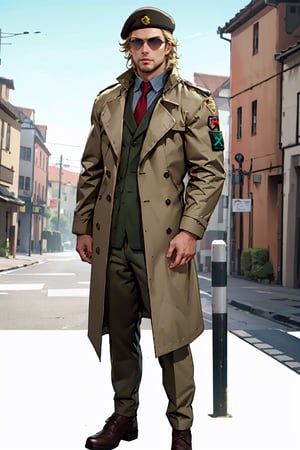 Kazuhira Miller, blue eyes, blond hair, stubble, wore aviator sunglasses, white collared shirt, green suit with a red tie,  khaki trench coat, black beret, fit body, handsome, charming, alluring, intense gaze, (standing), (full body in frame), perfect light, only1 image, perfect anatomy, perfect proportions, perfect perspective, 8k, HQ, (best quality:1.2, hyperrealistic:1.2, photorealistic:1.2, madly detailed CG unity 8k wallpaper:1.2, masterpiece:1.2, madly detailed photo:1.2), (hyper-realistic lifelike texture:1.2, realistic eyes:1.2), picture-perfect face, perfect eye pupil, detailed eyes, realistic, HD, UHD, front view