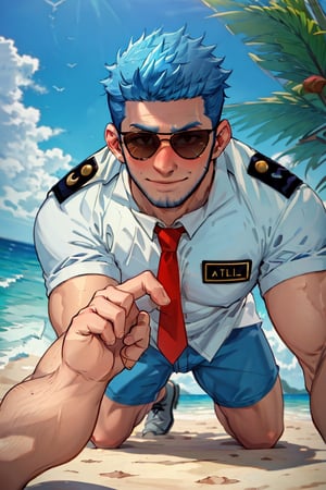 (1 image only), solo male, Wilbur, Animal Crossing, personification, blue hair, short hair, blue facial hair, jawline stubble, black eyes, (aviator sunglasses), aviation pilot uniform, white collor shirt, red necktie, epaulette, blue pants, (lower body out of frame), mature, bara, handsome, charming, alluring, smile, shy, blush, large pectorals, (on all four, all fours pose, upperbody:1.2), boy on top, (from below, pov, close-up), looking at viewer, hands on ground, (perfect anatomy), perfect proportions, (best quality, masterpiece), (perfect eyes, perfect eye pupil), perfect hands, high_resolution, seaside, summer