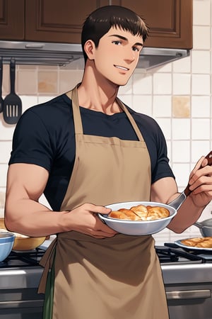 score_9,score_8_up,score_7_up, solo male, Ryuji Satake, black hair, black eyes, black t-shirt, short sleeves, green pants, brown apron, long apron, smile, adult, mature, masculine, tone body, handsome, charming, alluring, standing, upper body, perfect anatomy, perfect proportions, best quality, masterpiece, high_resolution, dutch angle, cowboy shot, indoor, kitchen, pastry, dessert