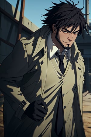 solo male, Genma Shizume, Asian, Japanese, black hair, chinstrap beard, sideburns, black eyes, calm eyes, slitty eyes, (white collared shirt, black necktie, black jacket:1.3), (brown trench coat, open trench 
 coat:1.3), black pants, black gloves, mature, masculine, handsome, charming, allurin, smile, standing, upper body, hand on waist, perfect anatomy, perfect proportions, (best quality, masterpiece, high_resolution:1.3), perfect eyes, dutch angle, cowboy shot