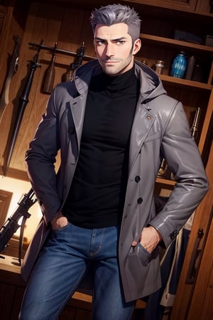 (1 image only), solo male, Munehisa Iwai,  Persona, Asian, Japanese, Weapons Dealer, grey hair, short hair, crewcut, stubble, grey eyes, sideburns, black turtleneck sweater, long gray coat, open coat, coat hood down, simple blue jeans, black leather boots, mature, masculine, handsome, charming, alluring, smile, perfect anatomy, perfect proportions, (best quality, masterpiece), (perfect eyes), high_resolution, dutch angle, [cowboy shot], weapon shop