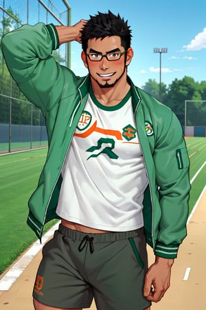 (1 image only), solo male, bara, Kyoichi Ootomo, Live A Hero, Asain, Japanese, athlete, PE teacher, short hair, black hair, green streaked hair, sideburns, black eyes, facial hair, goatee, (wore glasses), tan skin, white bandaid on nose, white t-shirt, ((pure green athletic jacket, open jacket)), grey shorts, sneakers, smile, blush, mature, handsome, charming, alluring, standing, upper body, perfect anatomy, perfect proportions, (best quality, masterpiece), (perfect eyes, perfect eye pupil), perfect hands, high_resolution, dutch angle, school sports ground,(1man),best quality