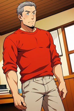 score_9, score_8_up, score_7_up, score_6_up, perfect anatomy, perfect proportions, best quality, masterpiece, high_resolution, high quality, aesthetic, absurdres, (male focus), solo male, adult, mature, masculine, manly, handsome, charming, alluring, source_anime, anime coloring, old man, solo man, Daisaku Mikage, SSDaisaku, grey hair, short hair, black eyes, facial hair, goatee, SSDaisakui_outfit02, (brown shirt, brown half buttoned sweater, sleeves rolled up, untucked clothing), grey sweatpants, cowboy shot, dutch angle, indoors, modern house, simplle background