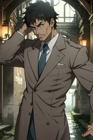 1boy, solo, Blitz T. Abrams, Kekkai Sensen, anime, tall, muscular man, hort black hair, blue eyes, facial hair, 51 years old, mature, handsome, manly, white collared shirt, black necktie, buttoned-up brown overcoat, perfect anatomy, perfect proportions, , 8k, HQ, HD, UHD, (best quality:1.5, hyperrealistic:1.5, photorealistic:1.4, madly detailed CG unity 8k wallpaper:1.5, masterpiece:1.3, madly detailed photo:1.2), (hyper-realistic lifelike texture:1.4, realistic eyes:1.2), picture-perfect face, perfect eye pupil, detailed eyes, dynamic, (dutch angle), high_resolution, image with colo