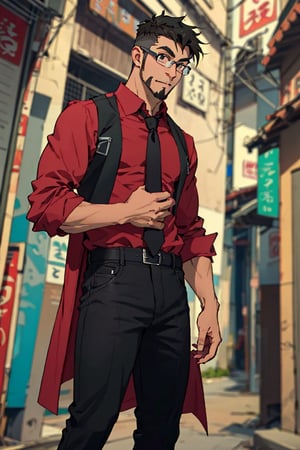 (1 image only), solo male, Jay Chiang, Great Pretender Razbliuto, Asian, Taiwanese, Taipei, black hair, short hair, goatee, thick eyebrows, brown eyes, glasses, (red collared shirt, grey necktie, black wasitcoat), red sleeves, sleeves rolled up, black pants, black shoes, mature, handsome, charming, alluring, standing, upper body, perfect anatomy, perfect proportions, (best quality, masterpiece), (perfect eyes), perfect hands, high_resolution, dutch angle, cowboy shot