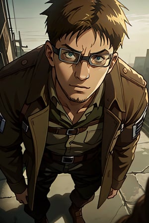 Abel, Attack on Titan, Shingeki no Kyojin, Scout Regiment, uniform of the Scout Regiment, green cloak, goggles, thick-rimmed glasses with bands around head, 1boy, solo, male, man, mature, handsome, manly, blond_hair, short hair, light stubble on chin and cheekbones, intense gaze, gentle expression, soft expression, masculine, handsome, charming, alluring, rugged, black trench coat, black pants, grey vest, dark red cravat, (standing), (full body in frame), simple background, dark atmosphere, perfect light, perfect anatomy, perfect proportions, perfect perspective, 8k, HQ, (best quality:1.5, hyperrealistic:1.5, photorealistic:1.4, madly detailed CG unity 8k wallpaper:1.5, masterpiece:1.3, madly detailed photo:1.2), (hyper-realistic lifelike texture:1.4, realistic eyes:1.2), picture-perfect face, perfect eye pupil, detailed eyes, realistic, HD, UHD, (front view:1.2), portrait, looking outside frame,perfecteyes,(MkmCut),AttackonTitan