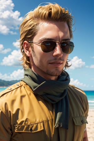 Kazuhira Miller, blue eyes, blond hair, shaved, wore aviator sunglasses, green guerrilla outfit, yellow scarf, fit body, handsome, charming, alluring, smile, intense gaze, (standing), (upper body in frame), costa rica beach location, sky, perfect light, perfect anatomy, perfect proportions, perfect perspective, 8k, HQ, (best quality:1.2, hyperrealistic:1.2, photorealistic:1.2, madly detailed CG unity 8k wallpaper:1.2, masterpiece:1.2, madly detailed photo:1.2), (hyper-realistic lifelike texture:1.2, realistic eyes:1.2), picture-perfect face, perfect eye pupil, detailed eyes, realistic, HD, UHD, front view