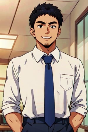 Harumi Takeda, Japanese, stubble on chin, black eyes, black hair, short hair, wore white collared shirt, blue necktie, black pants, masculine, handsome, smile, fit body, handsome, charming, alluring, office, (standing), (upper body in frame), perfect light, perfect anatomy, perfect proportions, perfect perspective, 8k, HQ,  (best quality:1.2, masterpiece:1.2), perfect face, front view, portrait,Anime