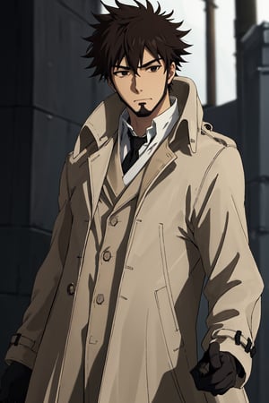 solo male, Genma Shizume, Asian, Japanese, black hair, chinstrap beard, sideburns, black eyes, calm eyes, slitty eyes, (dress in layers), white collared shirt, black necktie, (black jacket:1.3), (brown trench coat, open trench coat:1.3), black pants, black gloves, mature, masculine, handsome, charming, allurin, smile, standing, upper body, perfect anatomy, perfect proportions, (best quality, masterpiece, high_resolution:1.3), perfect eyes, dutch angle, cowboy shot